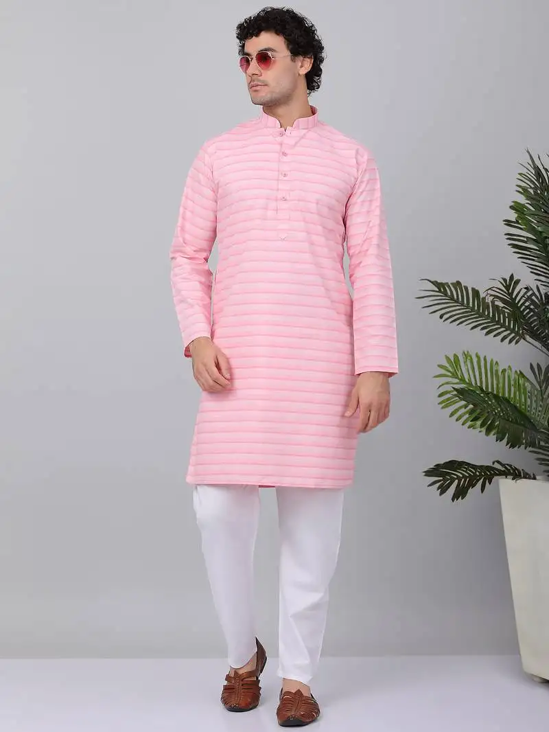 Men pink cotton striped kurta