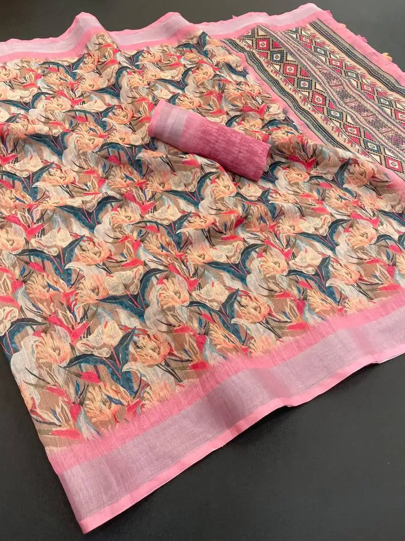 Pink linen cotton digital print saree with tassel pallu