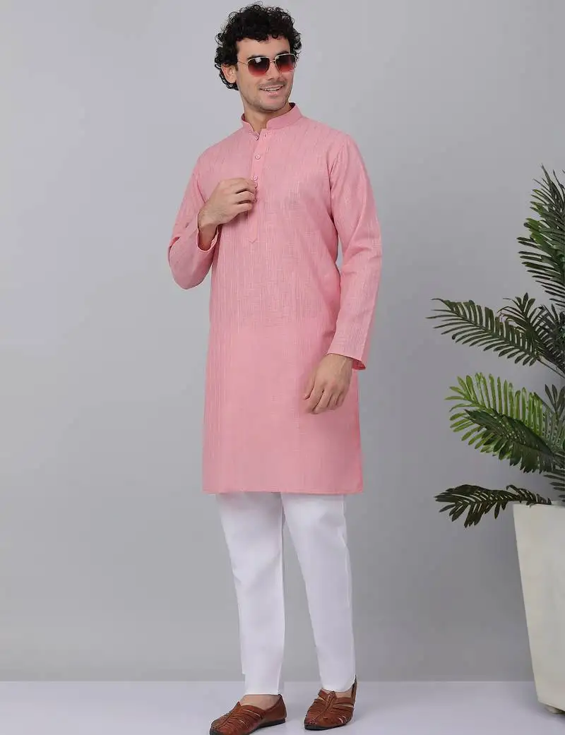 Men pink cotton linen striped kurta