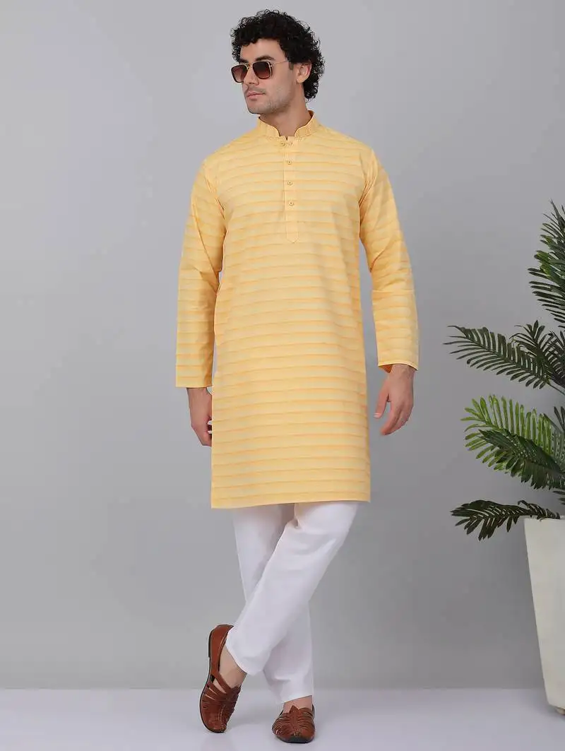 Men yellow cotton striped kurta