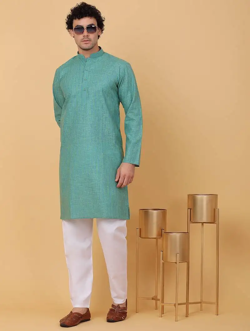 Men green cotton linen striped kurta
