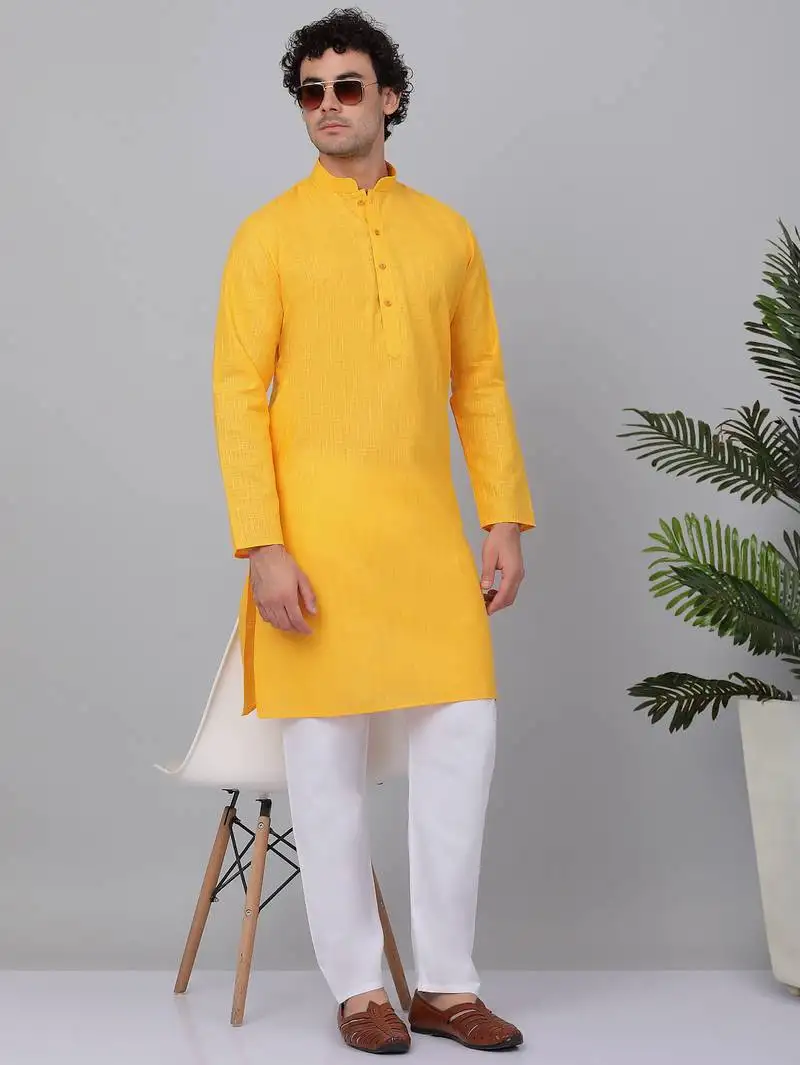 Men yellow cotton linen striped kurta