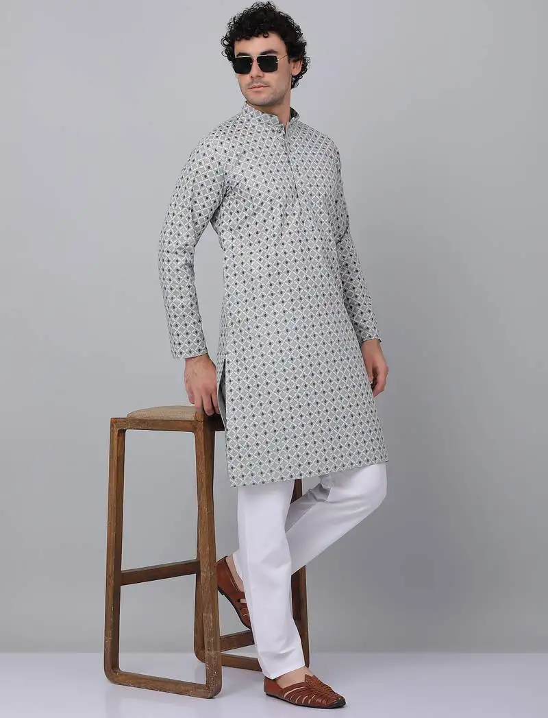 Men grey cotton floral printed kurta