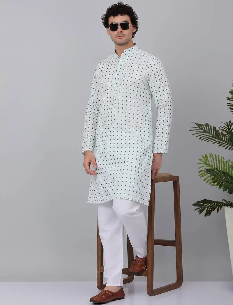 Men sea white cotton floral printed kurta
