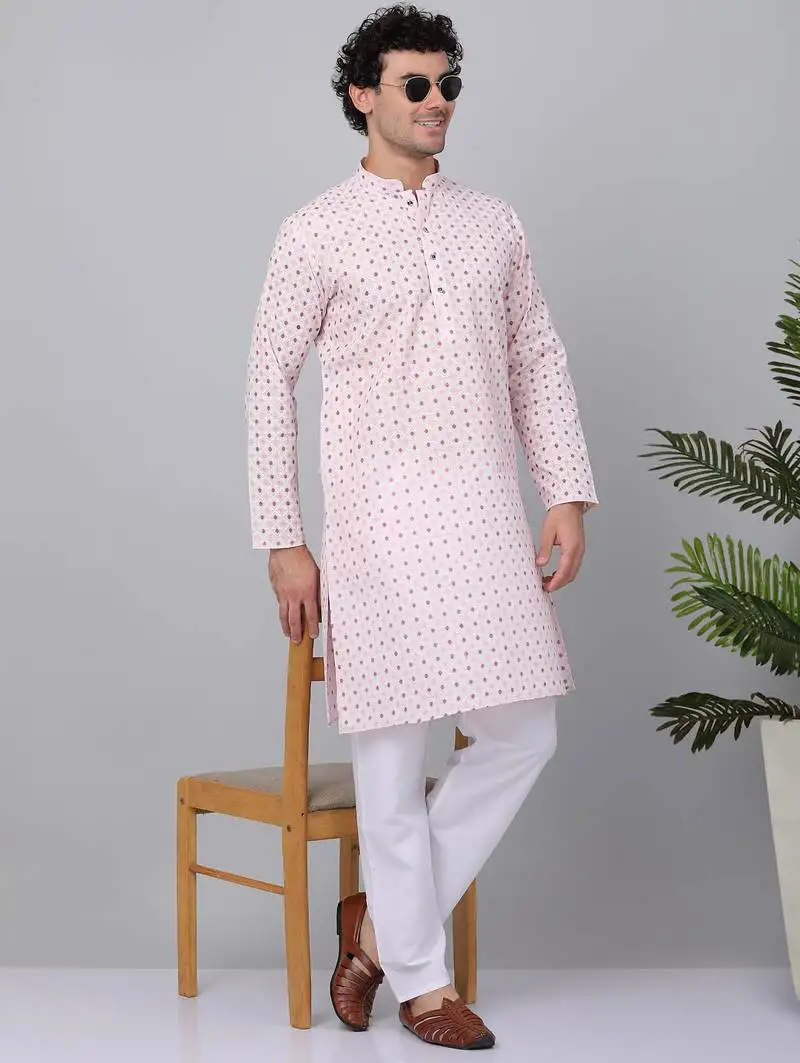 Men pink cotton floral printed kurta