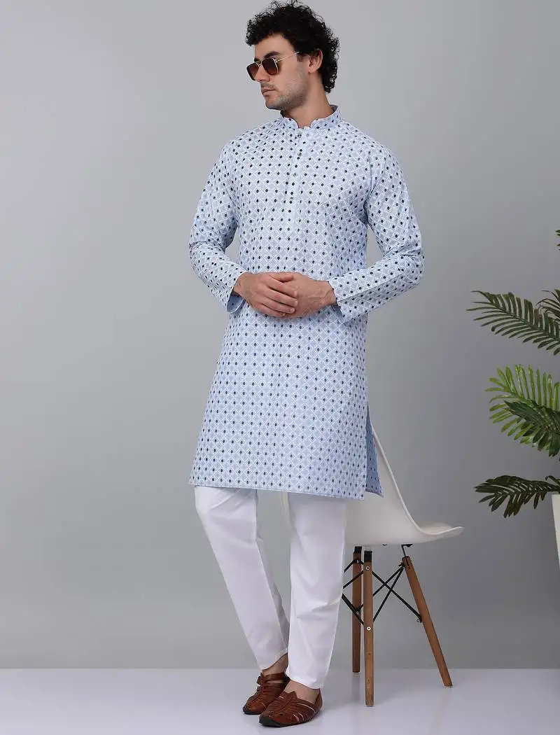 Men sky blue cotton floral printed kurta
