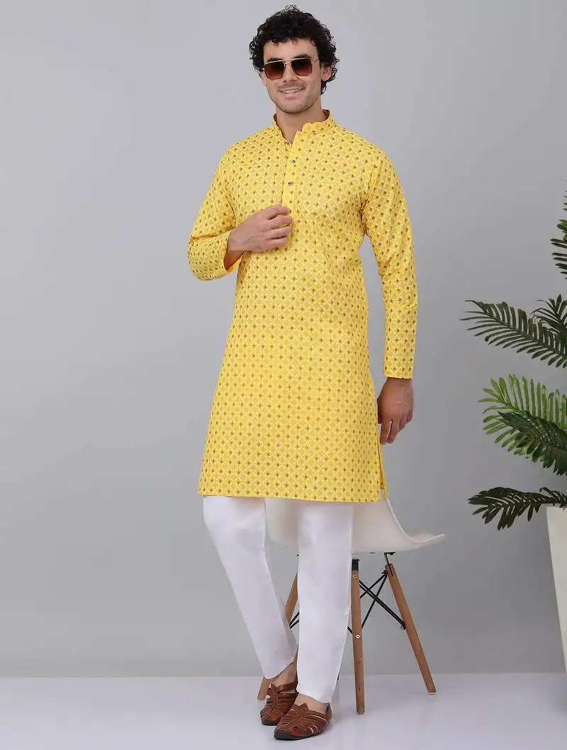 Men yellow cotton floral printed kurta