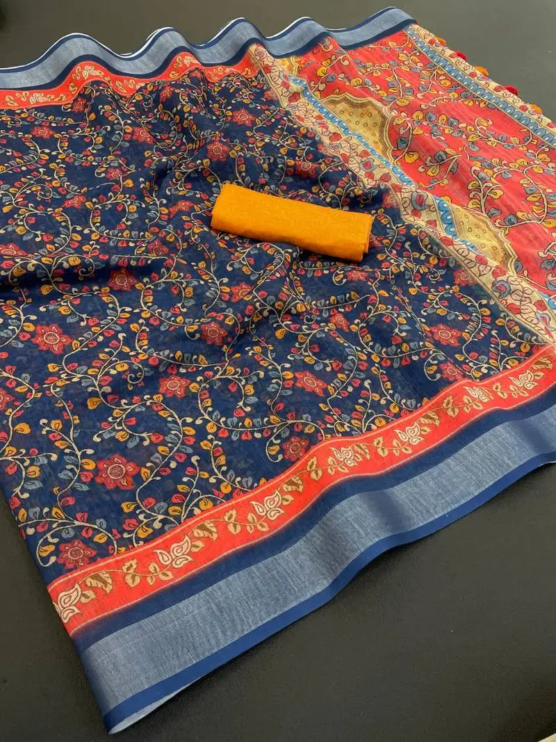 Navy blue linen cotton digital print saree with tassel pallu