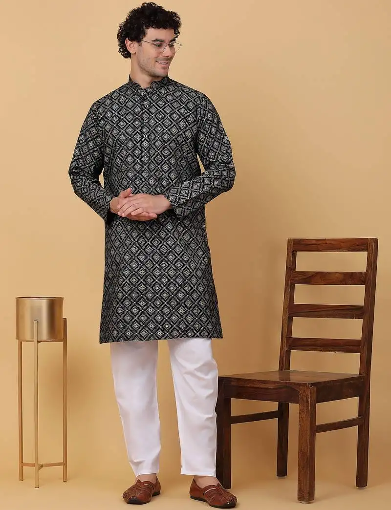 Men black cotton ethnic printed kurta