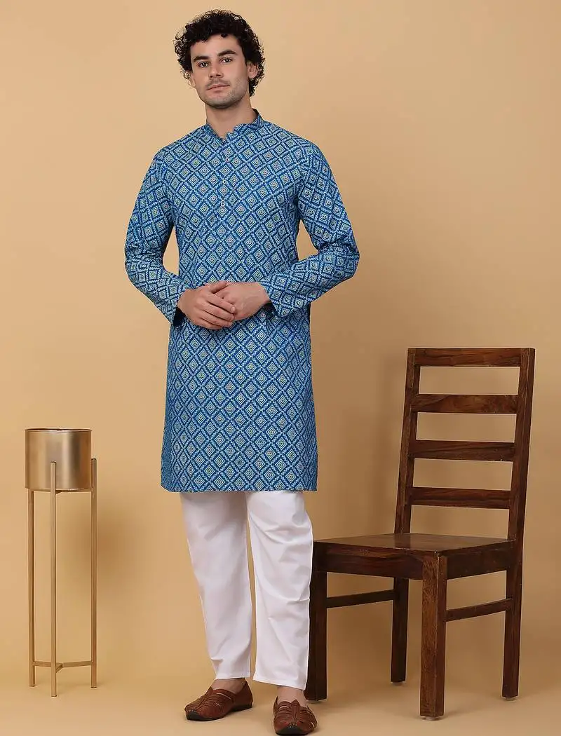 Men blue cotton ethnic printed kurta