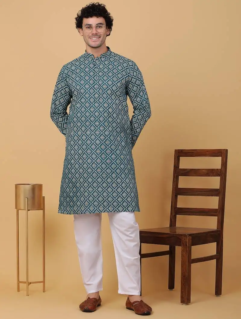 Men green cotton ethnic printed kurta