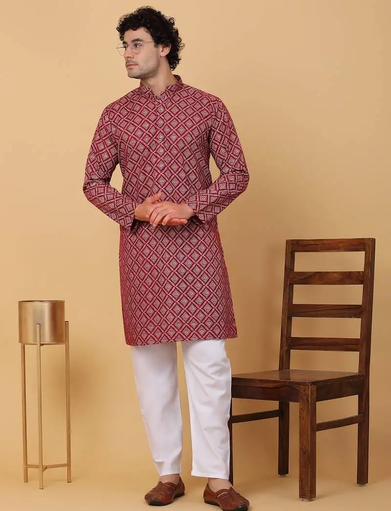 Men maroon cotton ethnic printed kurta