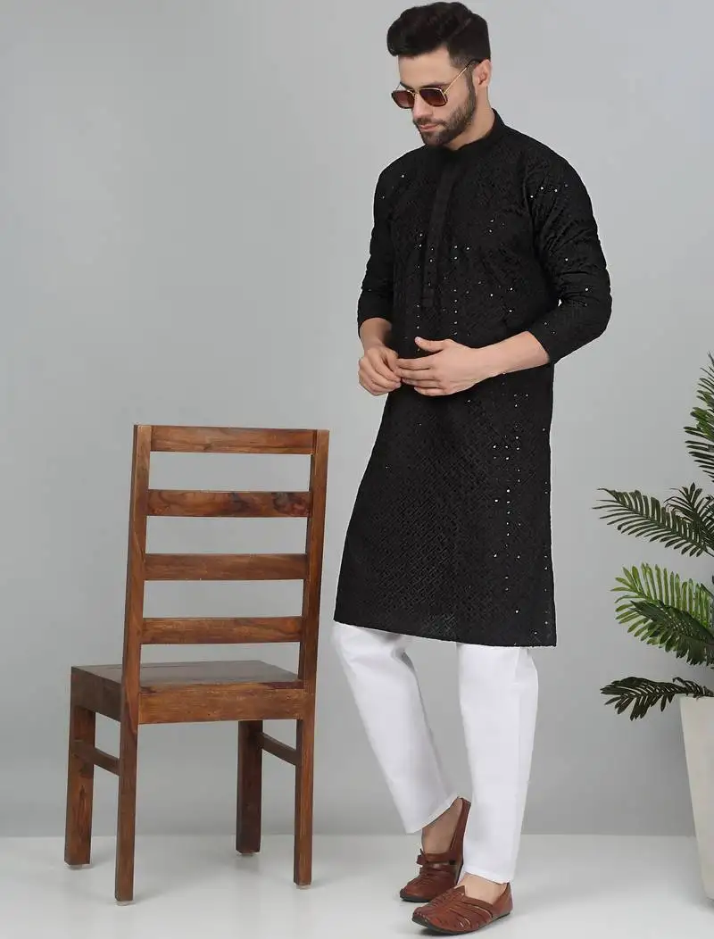 Men cotton embroidered sequined black kurta