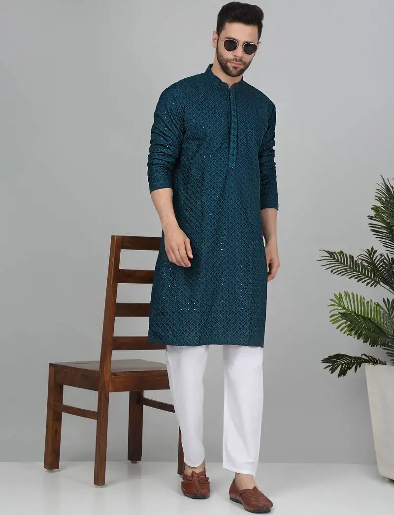 Men cotton embroidered sequined green kurta