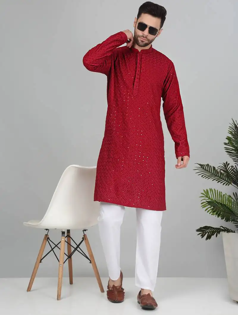 Men cotton embroidered sequined red kurta