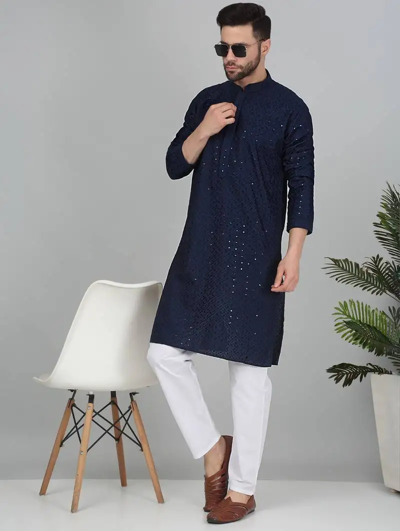 Men cotton embroidered sequined navy blue kurta