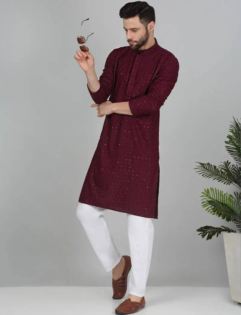 Men cotton embroidered sequined wine kurta
