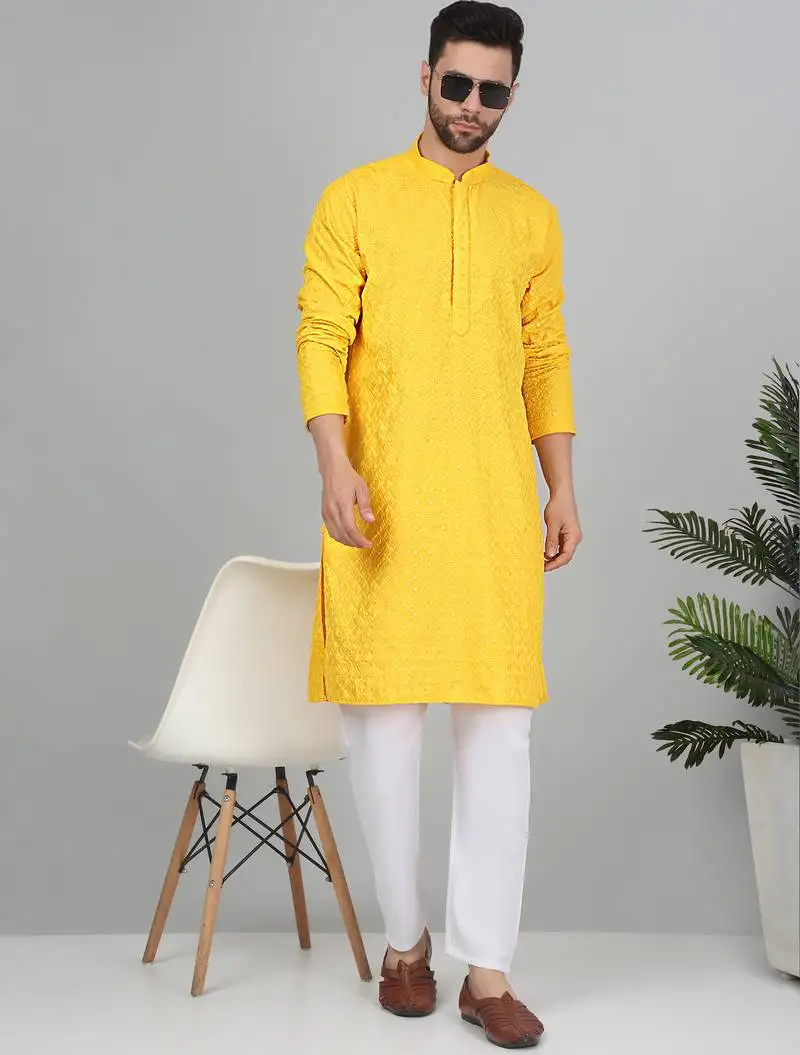 Men cotton embroidered sequined yellow kurta
