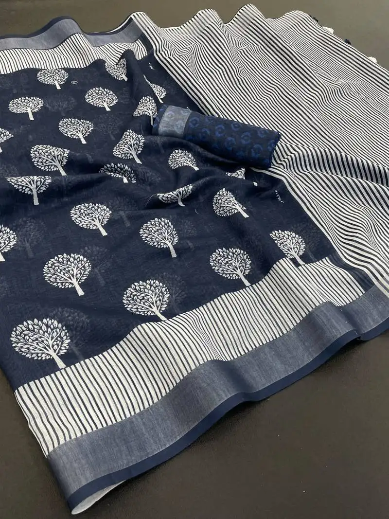 Blue linen cotton digital print saree with tassel pallu