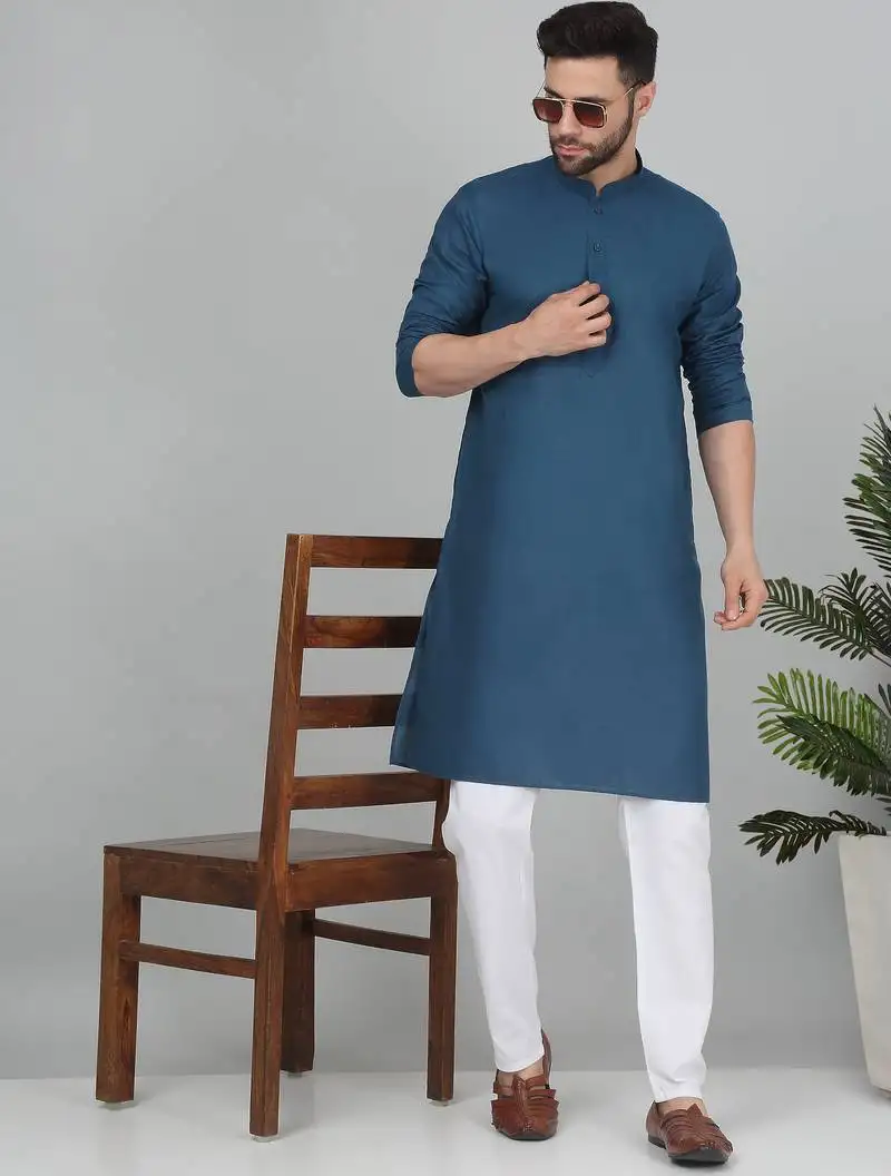 Men denim blue cotton knee length kurta