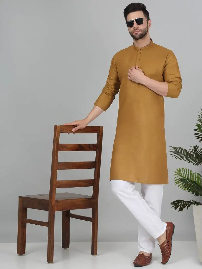 Men gold toned blue cotton knee length kurta