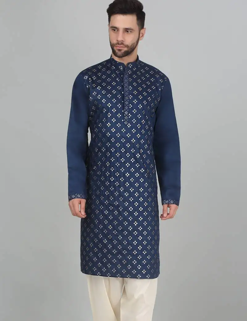 Cotton silk sequenced embroidered blue kurta