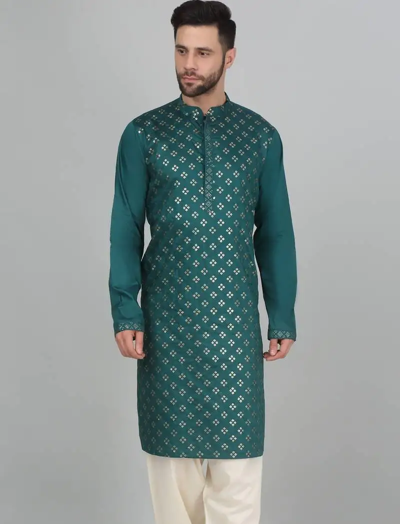 Cotton silk sequenced embroidered green kurta