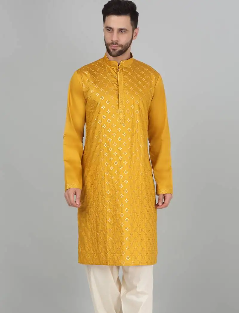 Cotton silk sequenced embroidered mustard kurta