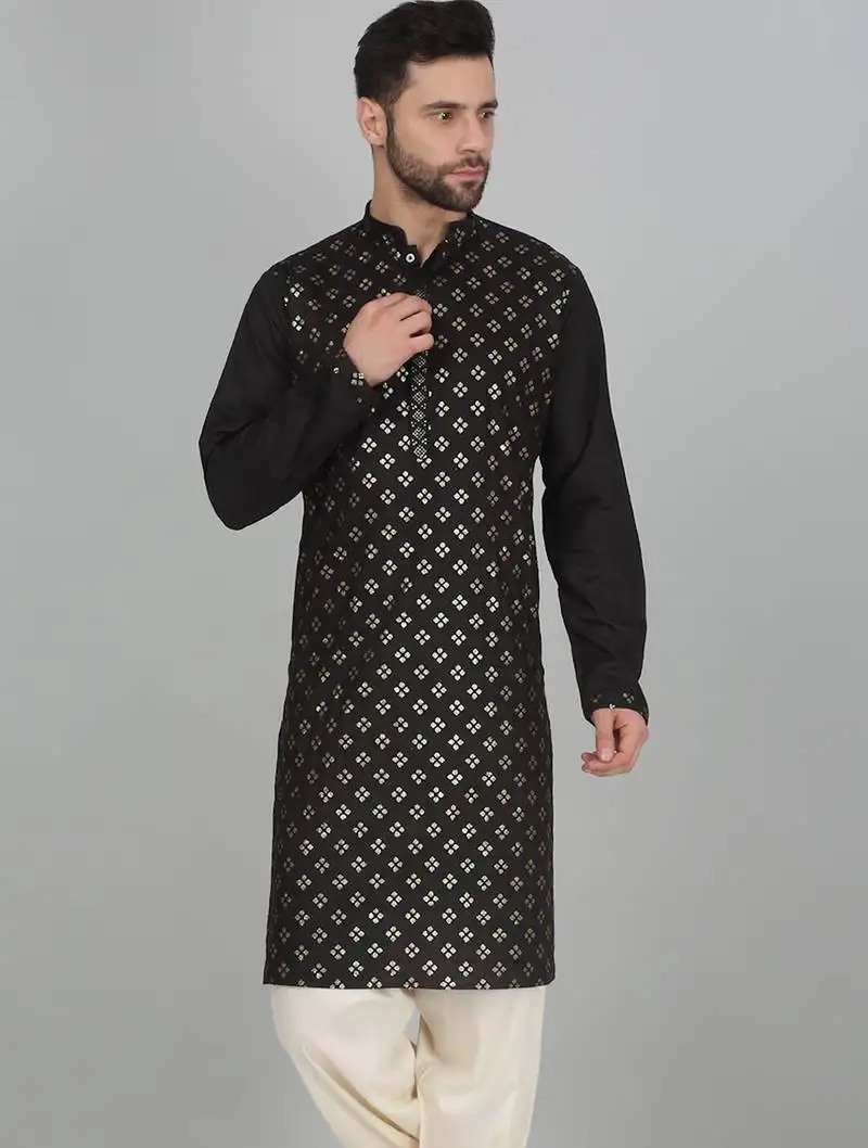 Cotton silk sequenced embroidered black kurta