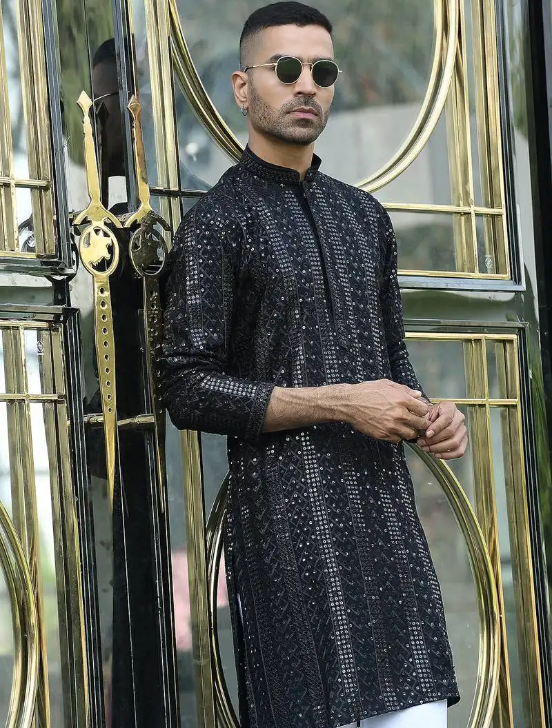 Silk rayon embroidered sequinned black kurta