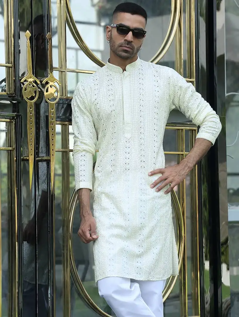Silk rayon embroidered sequinned cream kurta