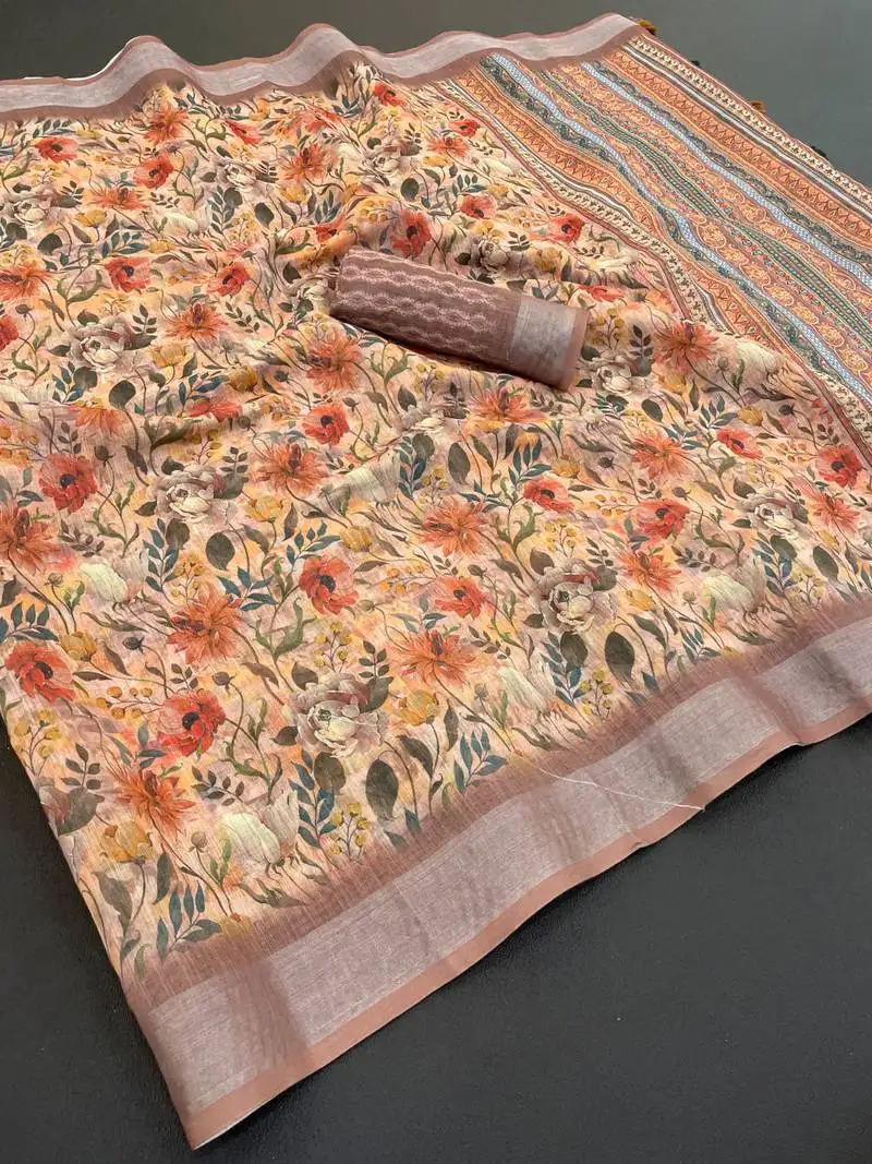 Light mustard linen cotton digital print saree with tassel pallu