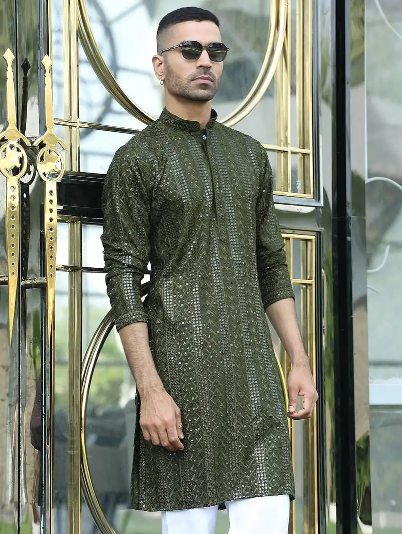 Silk rayon embroidered sequinned olive green kurta