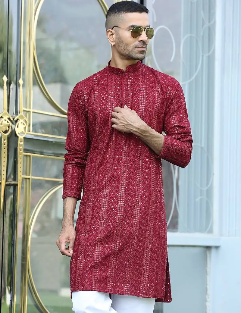 Silk rayon embroidered sequinned red kurta