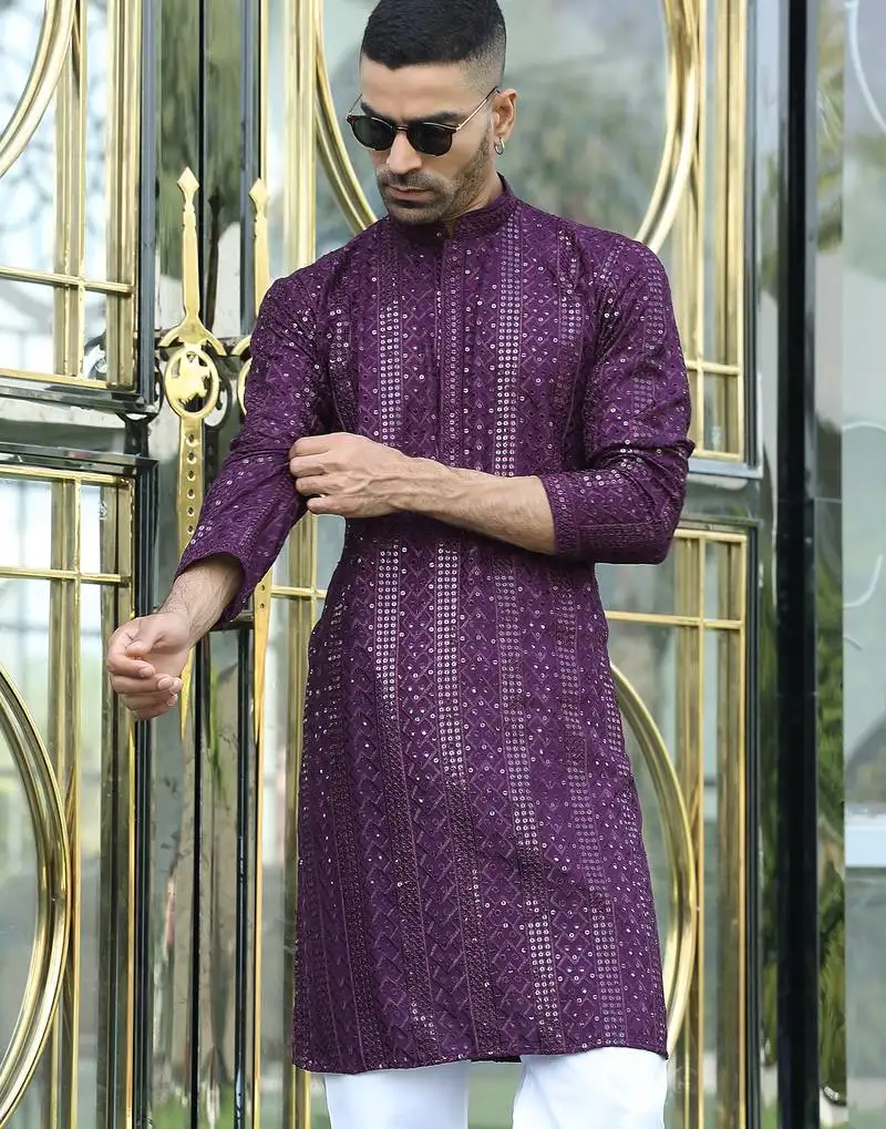 Silk rayon embroidered sequinned purple kurta
