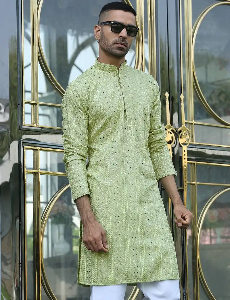 Silk rayon embroidered sequinned green kurta