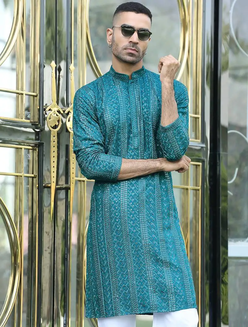 Silk rayon embroidered sequinned emerald blue kurta