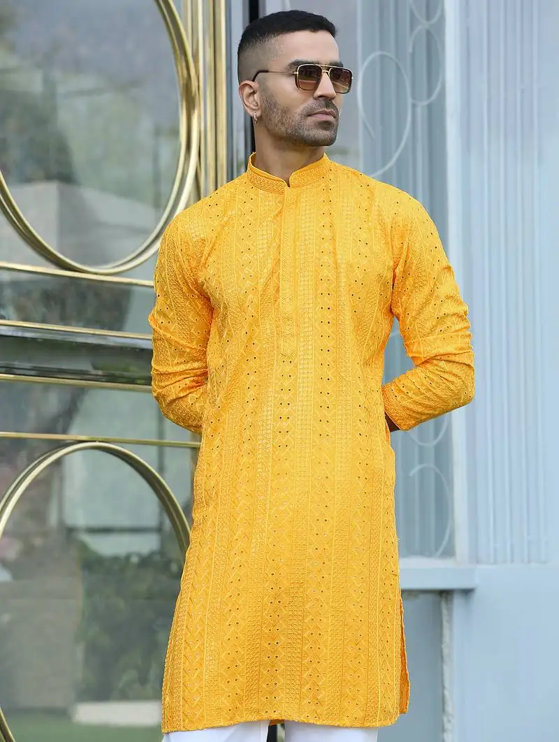 Silk rayon embroidered sequinned yellow kurta