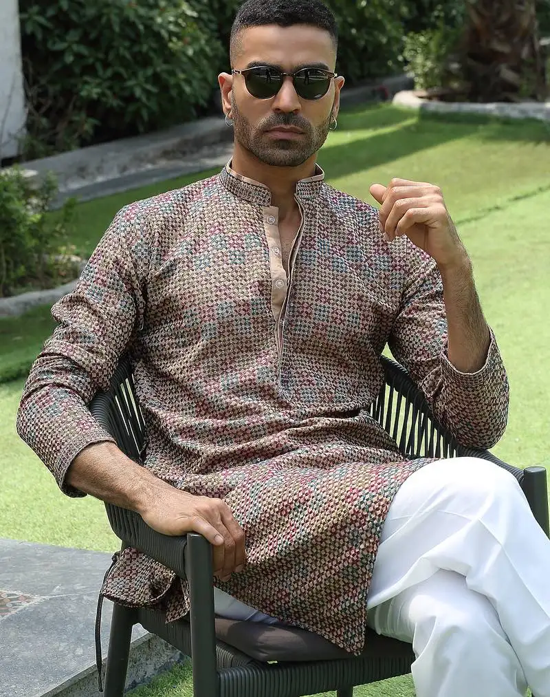 Cotton rayon embroidered sequinned beige kurta