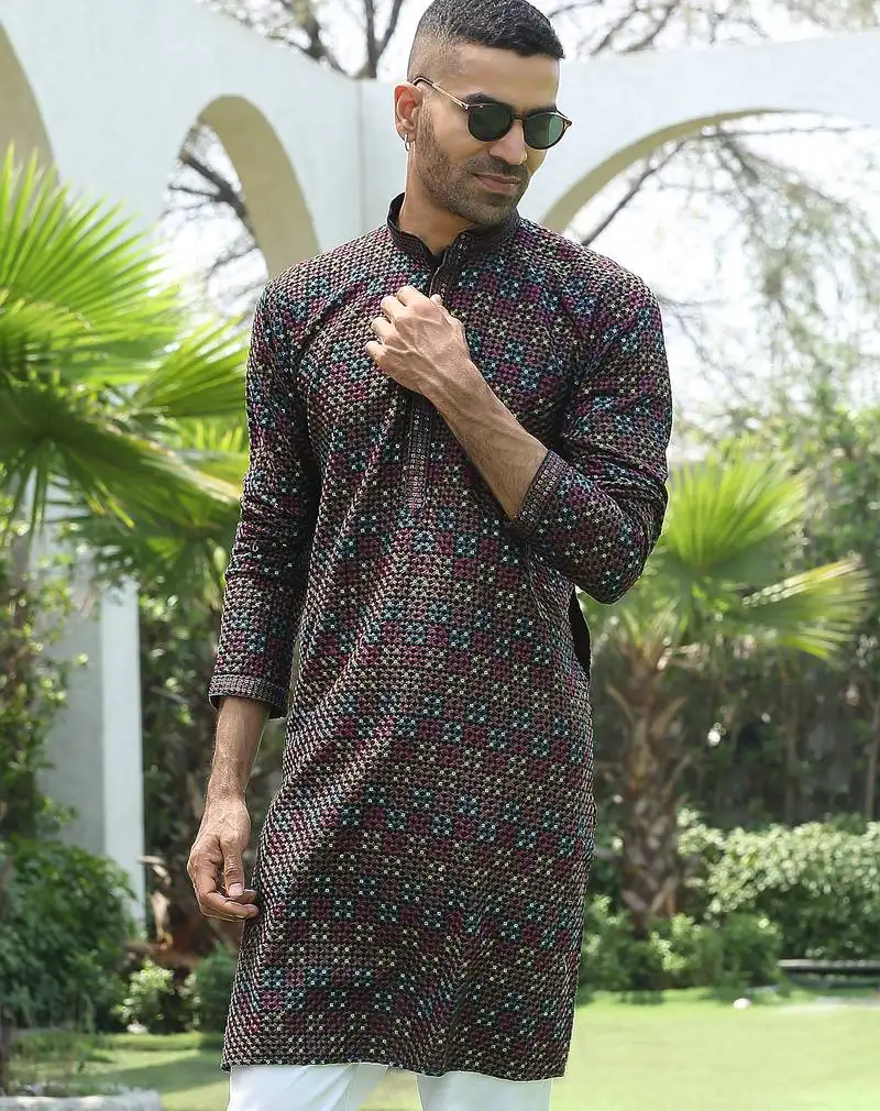 Cotton rayon embroidered sequinned multicolor kurta