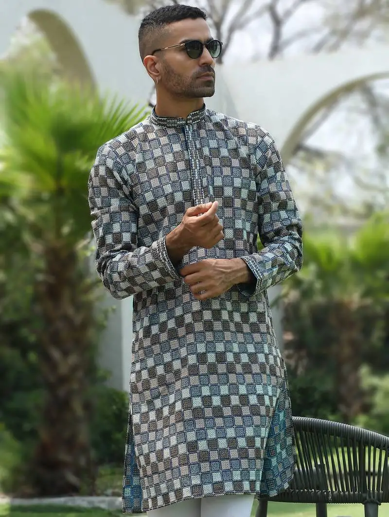 Cotton rayon embroidered chikankari sequinned blue kurta