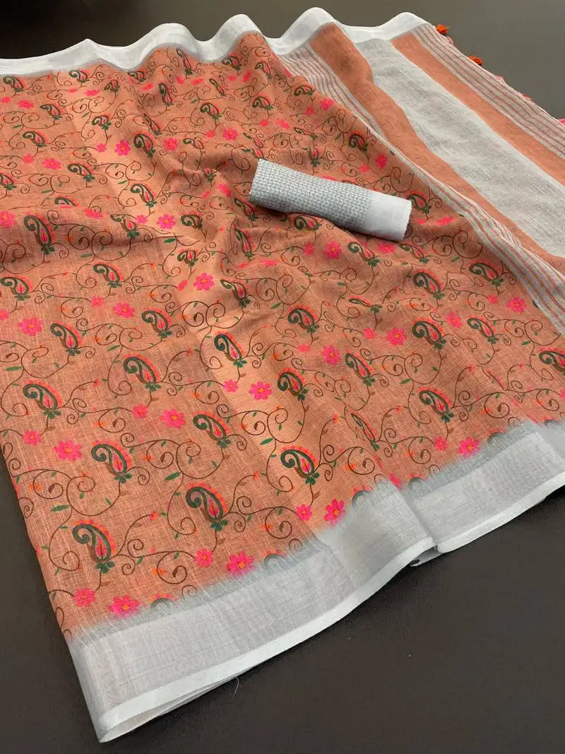 Mustard linen cotton digital print saree with tassel pallu