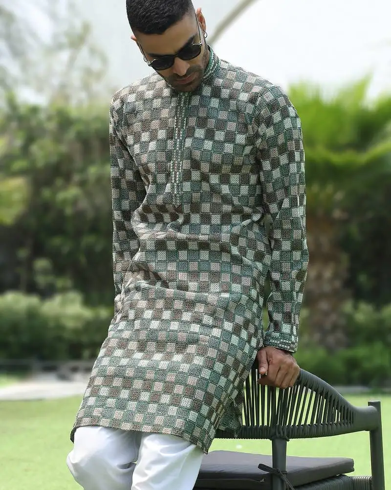 Cotton rayon embroidered chikankari sequinned green kurta