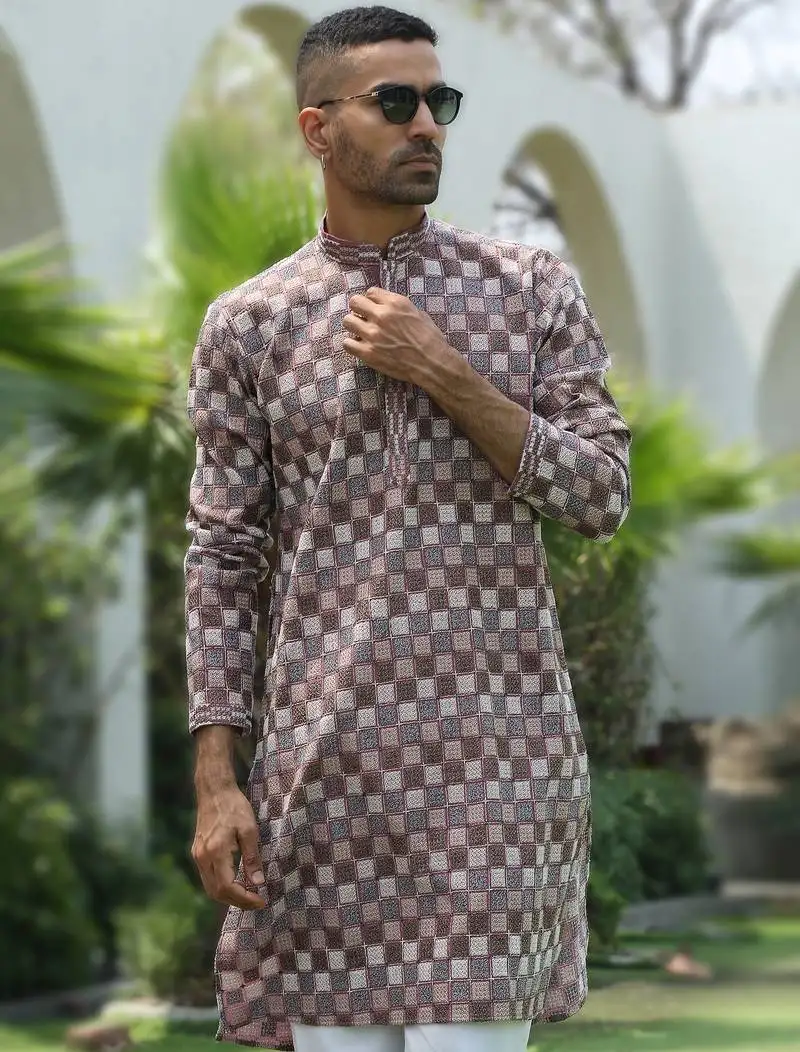 Cotton rayon embroidered chikankari sequinned mauve kurta