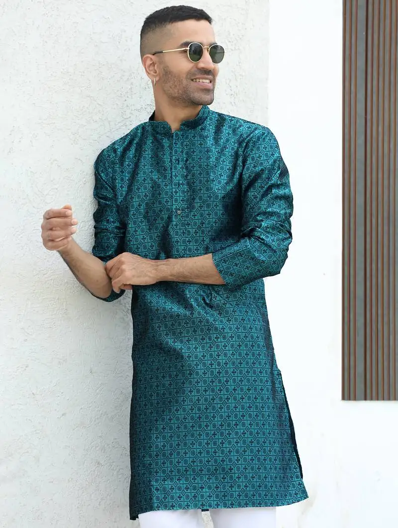 Silk blend jacquard self design blue kurta