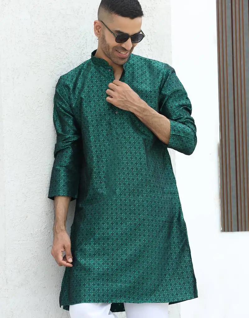 Silk blend jacquard self design green kurta