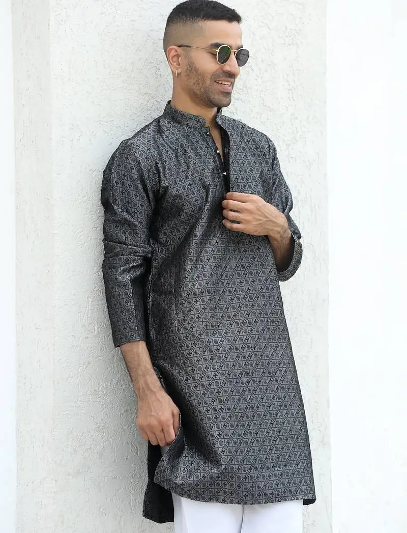 Silk blend jacquard self design grey kurta