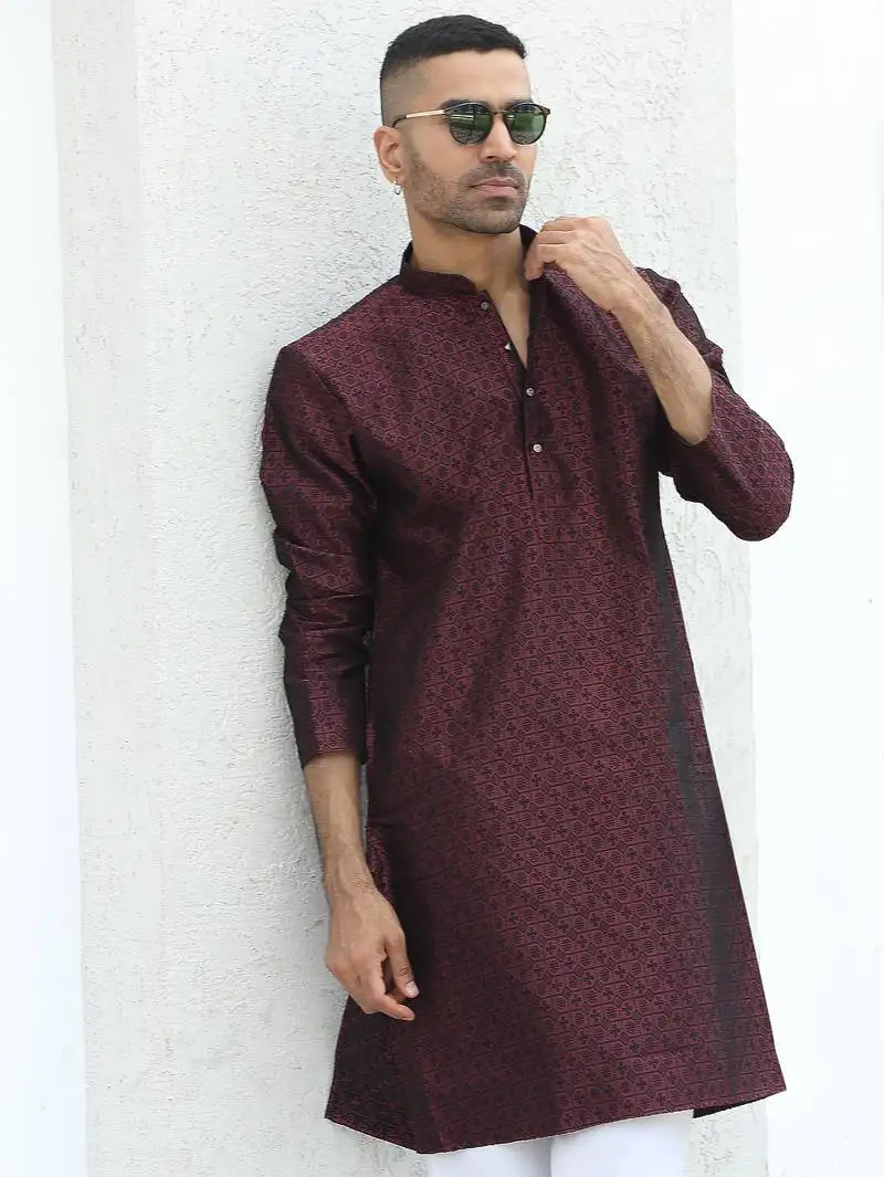 Silk blend jacquard self design wine kurta