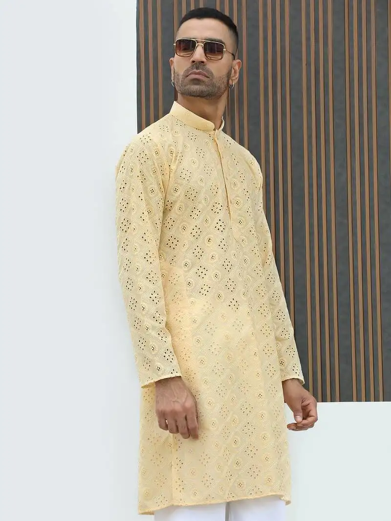 Cotton blend chikankari embroidered yellow kurta