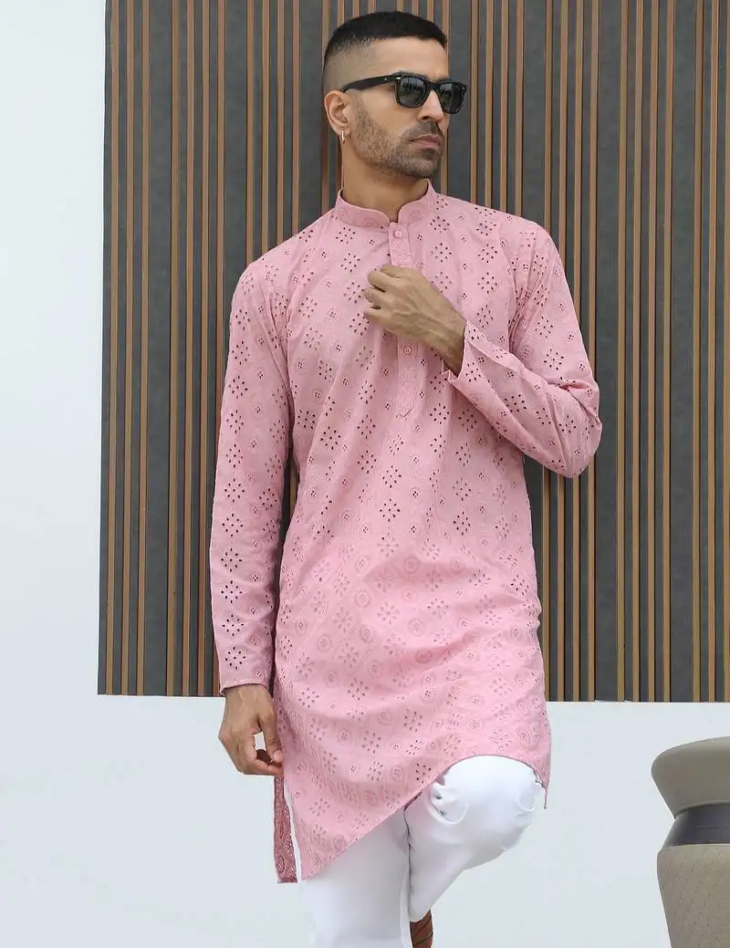 Cotton blend chikankari embroidered pink kurta